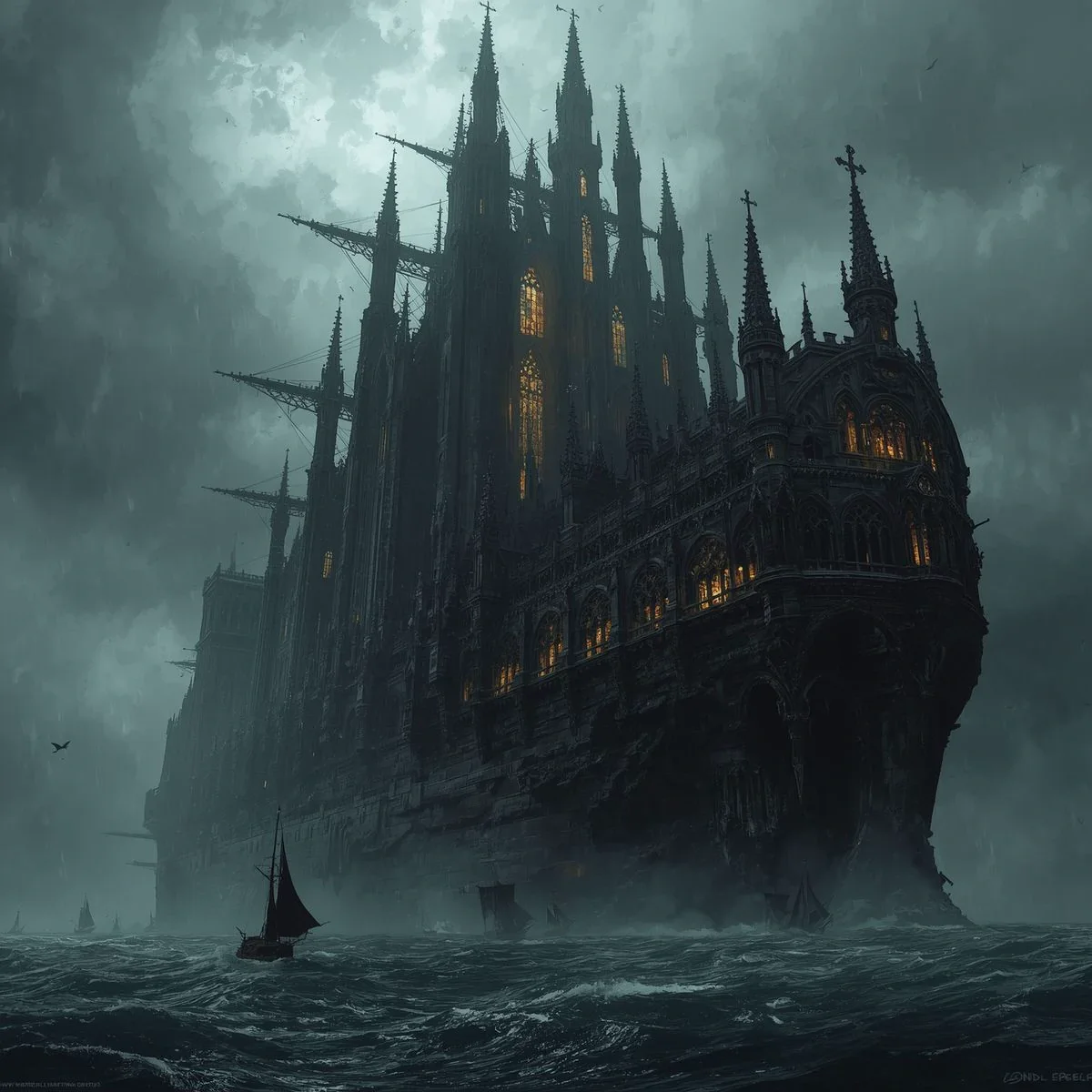 A gothic cathedral-ship crosses a black, storm-torn strait.