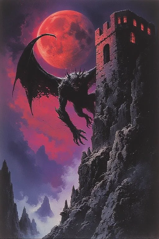 A horned, winged demon beneath a blood-red moon before a lightless tower.