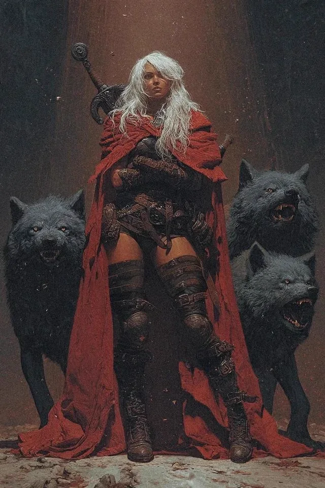 A white-haired warrior in a red cloak walks the black woods flanked by three wolves.