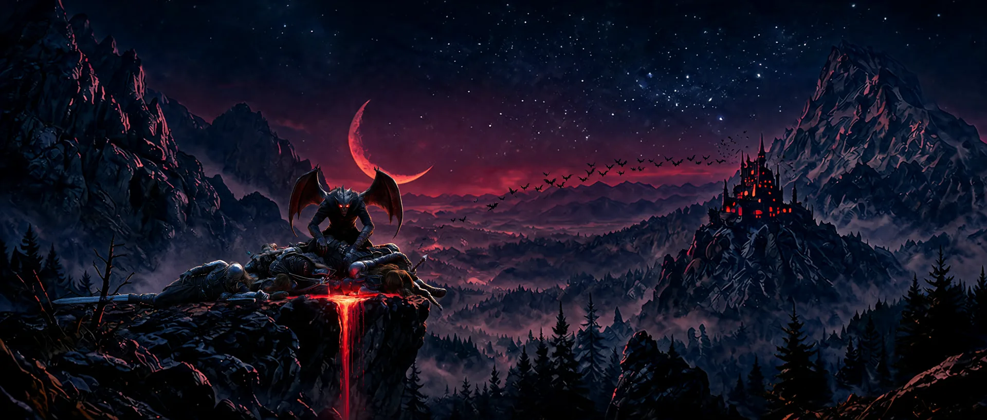Night: the same cliff under a blood-red crescent moon, the citadel burning red on its peak.