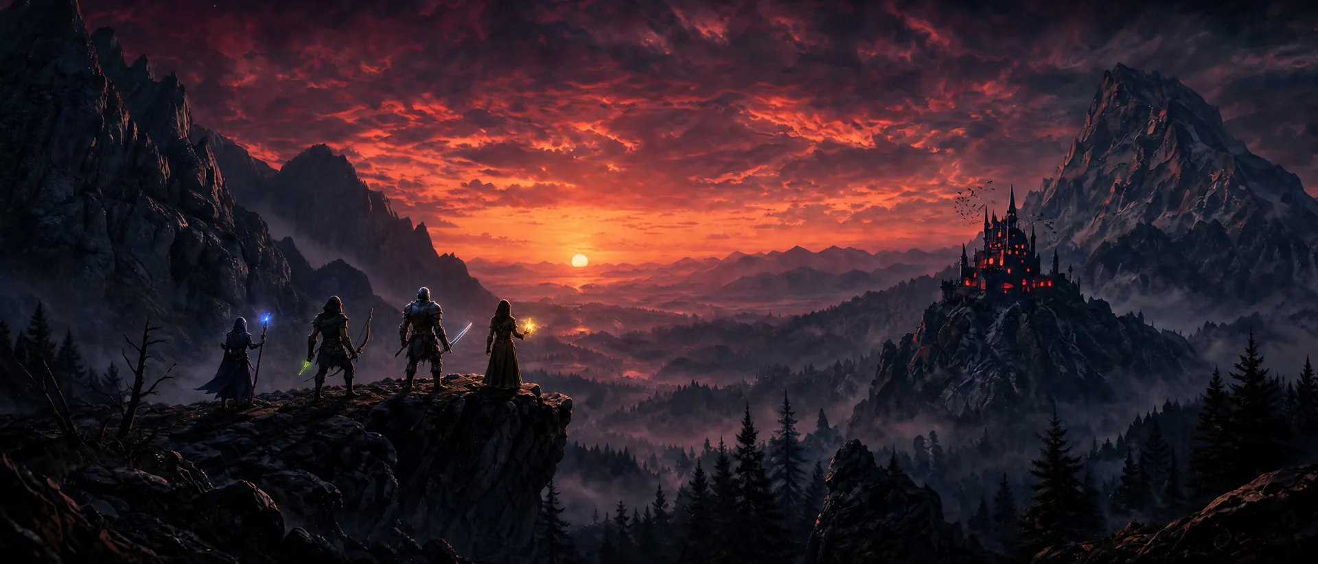Evening: four adventurers stand on a cliff at blazing sunset, a dark citadel on the far peak.