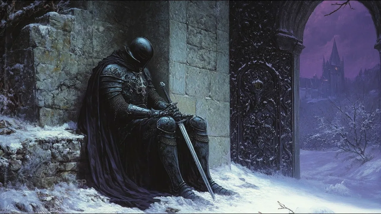 A knight resting against a wall of the citadel in the snow, sword across his knees.
