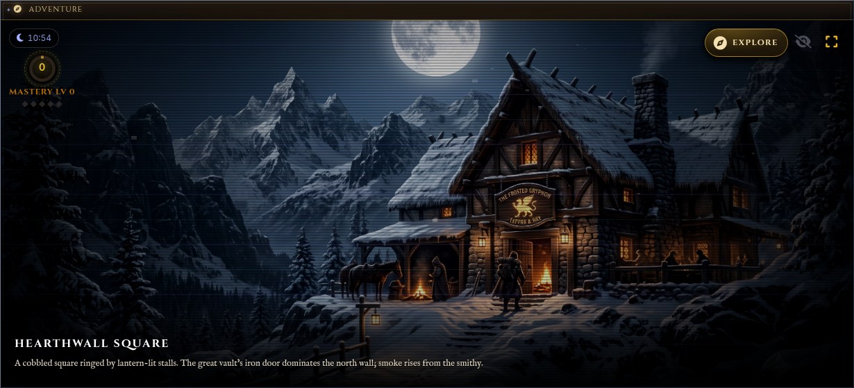 The Adventure window: the area's painted scene, day-night clock, mastery dial and Explore action
