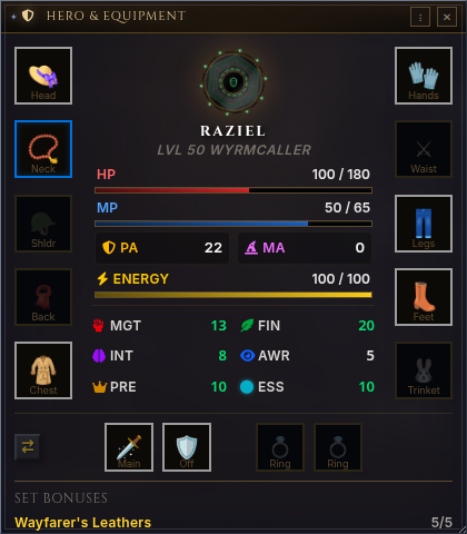 The Hero & Equipment window: paperdoll slots, vitals, attributes and set bonuses
