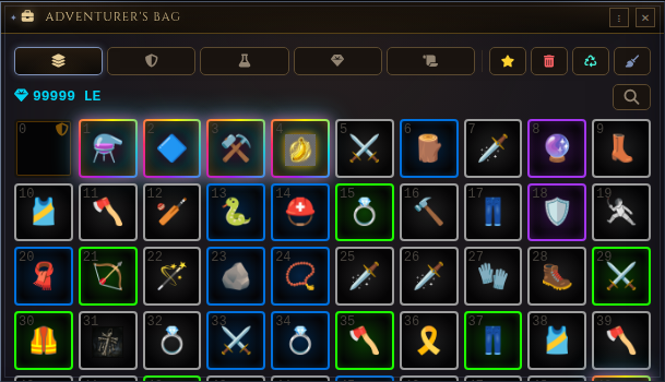 The Adventurer's Bag window: filter tabs, essence counter and rarity-framed items